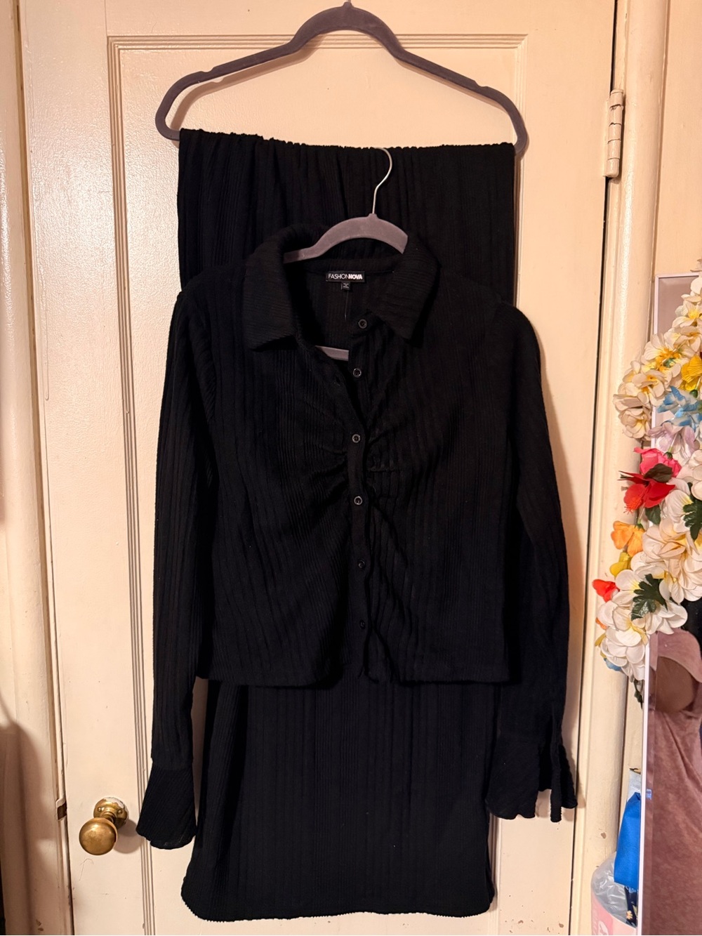 Fashion Nova Black Ribbed Button-Up Collared Top & Matching Skirt Set